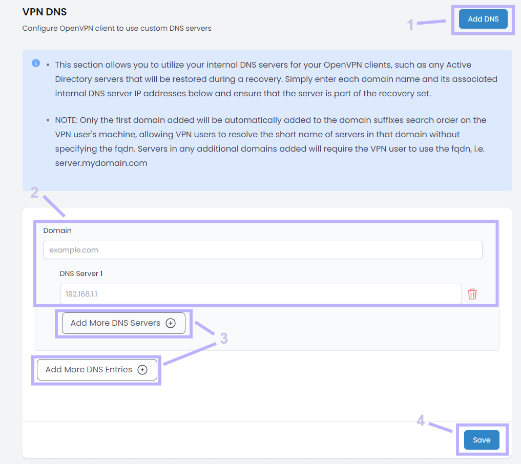 Screenshot showing the VPN DNS section of Cloud IBR and how to add DNS servers.