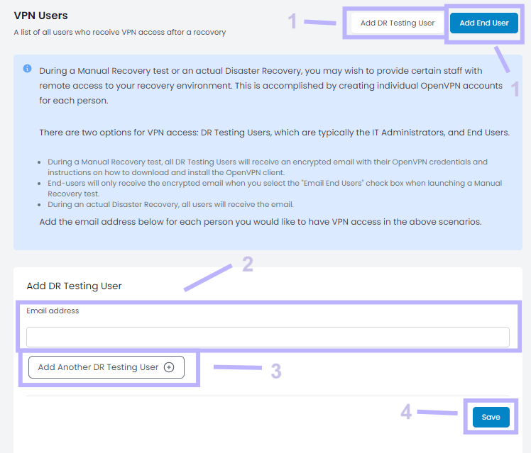 Screenshot of VPN users section of Cloud IBR portal demonstrating how to add end users.