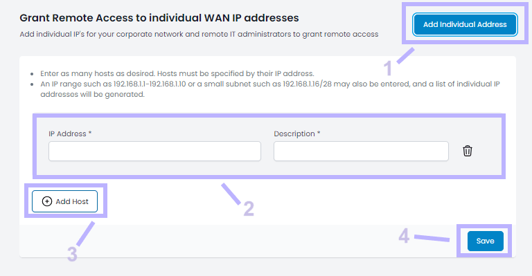 Screenshot of Cloud IBR portal showing how to add individual address to grant remote access.