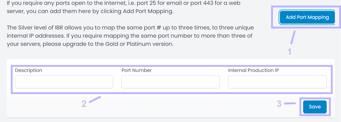 Screenshot of Cloud IBR portal demonstrating how to add port mapping.