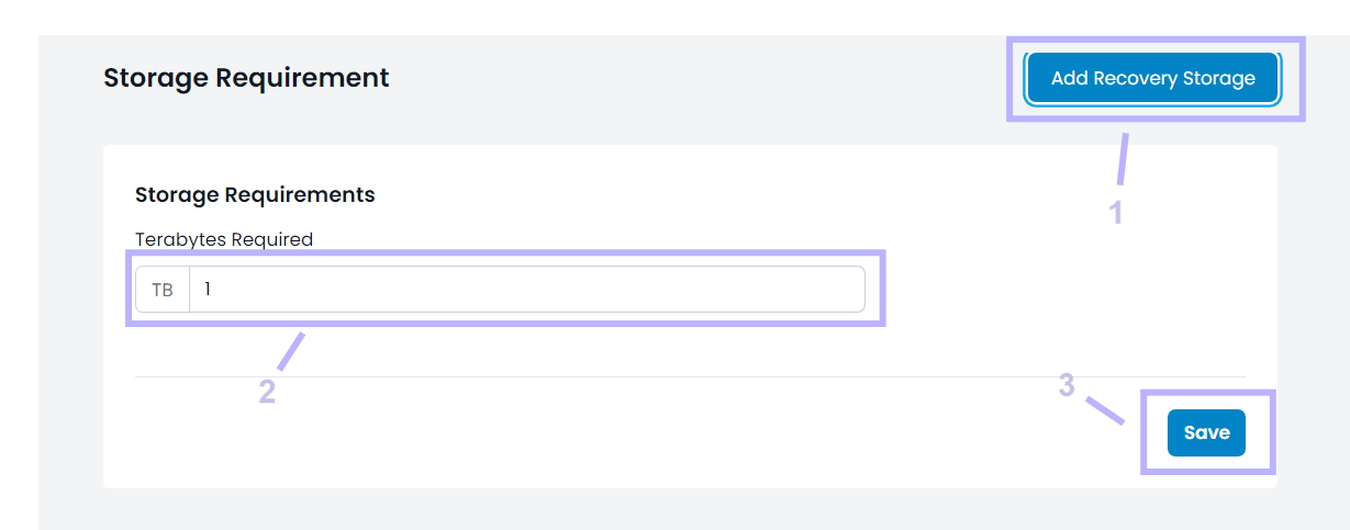 Screenshot of Cloud IBR portal showing how to add recovery storage.