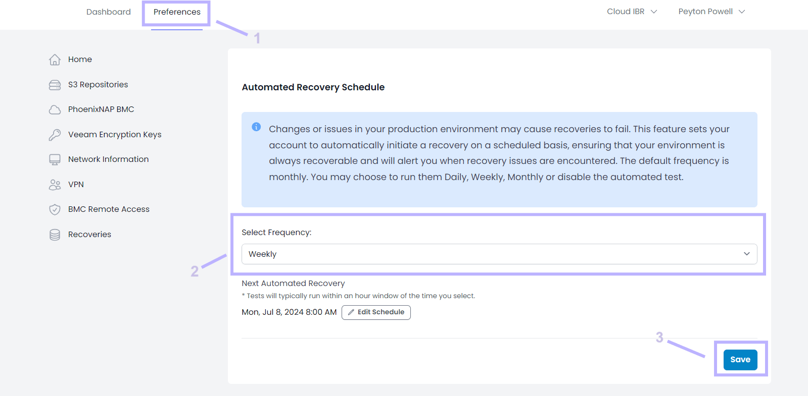 Screenshot of Cloud IBR portal preferences tab showcasing how to set the frequency of the automated recovery schedule.