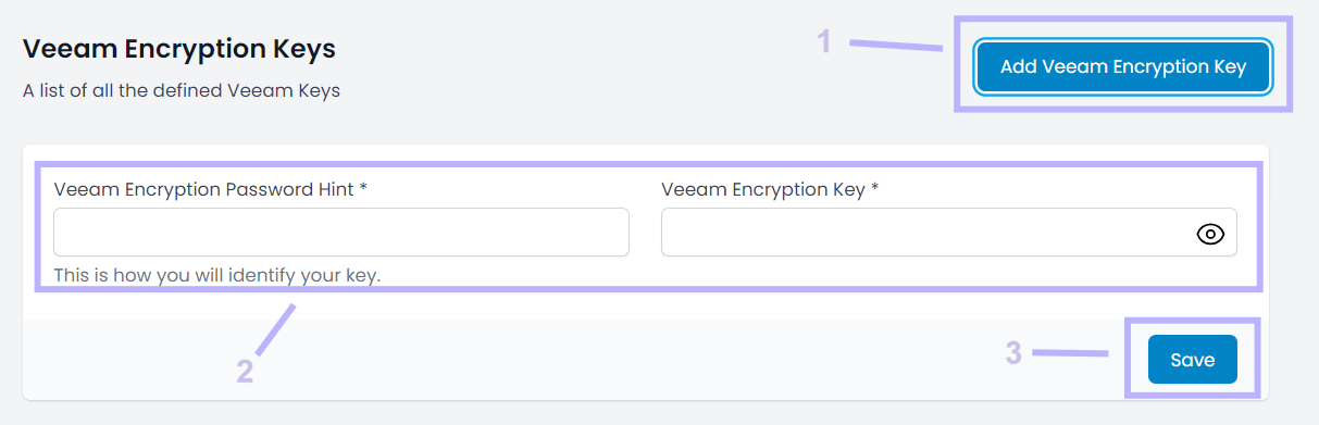 Cloud IBR portal's Veeam encryption keys section. Demonstrating how to add a Veeam encryption key.