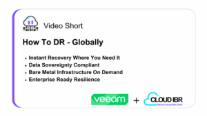 Slide graphic titled 'Video Short: How To DR - Globally.' Key points listed: Instant Recovery Where You Need It, Data Sovereignty Compliant, Bare Metal Infrastructure On Demand, Enterprise Ready Resilience. Logos for Veeam and Cloud IBR appear at the bottom.