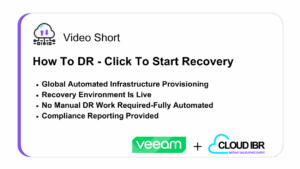Slide graphic titled 'Video Short: How To DR - Click To Start Recovery.' Key points listed: Global Automated Infrastructure Provisioning, Recovery Environment Is Live, No Manual DR Work Required – Fully Automated, Compliance Reporting Provided. Logos for Veeam and Cloud IBR appear at the bottom.