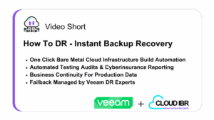 "Slide graphic titled 'Video Short: How To DR - Instant Backup Recovery.' Key points listed: One Click Bare Metal Cloud Infrastructure Build Automation, Automated Testing Audits & Cyberinsurance Reporting, Business Continuity For Production Data, Failback Managed by Veeam DR Experts. Logos for Veeam and Cloud IBR appear at the bottom.