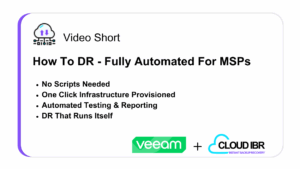 Slide graphic titled 'Video Short: How To DR - Fully Automated For MSPs.' Key points listed: No Scripts Needed, One Click Infrastructure Provisioned, Automated Testing & Reporting, DR That Runs Itself. Logos for Veeam and Cloud IBR appear at the bottom.