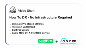 Slide graphic titled 'Video Short: How To DR - No Infrastructure Required.' Key points listed: Eliminate Pre-Staged DR Sites, Provision On Demand, Built For Veeam, Easily Make DR A Profitable Service. Logos for Veeam and Cloud IBR appear at the bottom.
