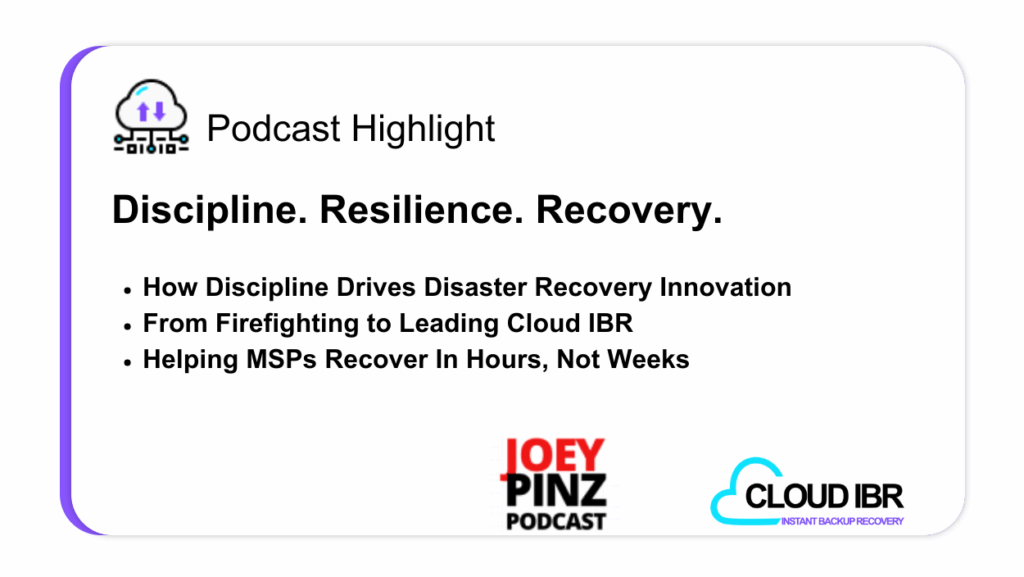 Promotional graphic for a Cloud IBR podcast highlight featuring Gregory Tellone on the Joey Pinz Podcast. The image headline reads “Discipline. Resilience. Recovery.” followed by bullet points: “How Discipline Drives Disaster Recovery Innovation,” “From Firefighting to Leading Cloud IBR,” and “Helping MSPs Recover in Hours, Not Weeks.” Logos for Joey Pinz Podcast and Cloud IBR appear at the bottom.