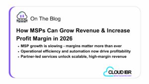 Blog graphic titled How MSPs Can Grow Revenue & Increase Profit Margin in 2026 featuring the Cloud IBR logo and three bullet points highlighting slowing MSP growth, the importance of operational efficiency and automation, and the value of partner-led, high-margin services.
