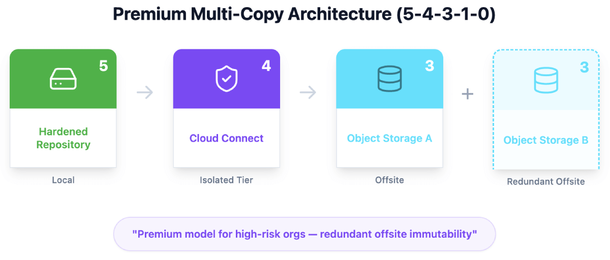 Diagram of the Premium Multi-Copy Architecture (5-4-3-1-0) featuring a Hardened Repository, Cloud Connect isolation, and two independent Object Storage targets for maximum redundancy.