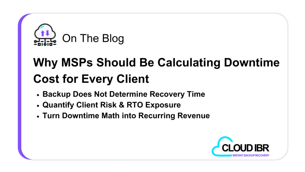 Cloud IBR blog graphic highlighting why MSPs should calculate downtime cost for every client, with bullet points on recovery time, risk exposure, and recurring revenue