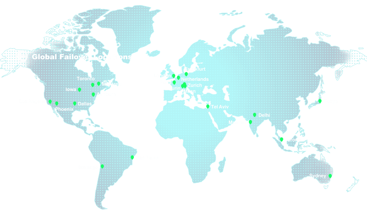 World map highlighting Cloud IBR global failover locations across North America, Europe, Asia, South America, and Australia.