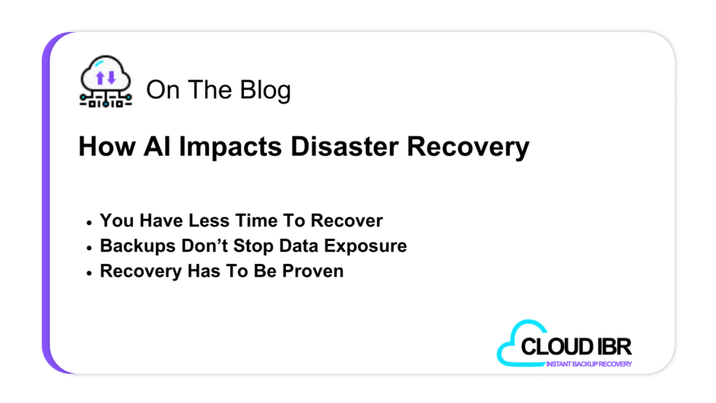 Promotional blog graphic titled “How AI Impacts Disaster Recovery” highlighting reduced recovery time, backup limitations for data exposure, and the need to prove recovery readiness, with Cloud IBR branding.