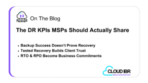 Cloud IBR blog thumbnail promoting DR KPIs MSPs should share, highlighting backup success, tested recovery, client trust, and RTO/RPO commitments.