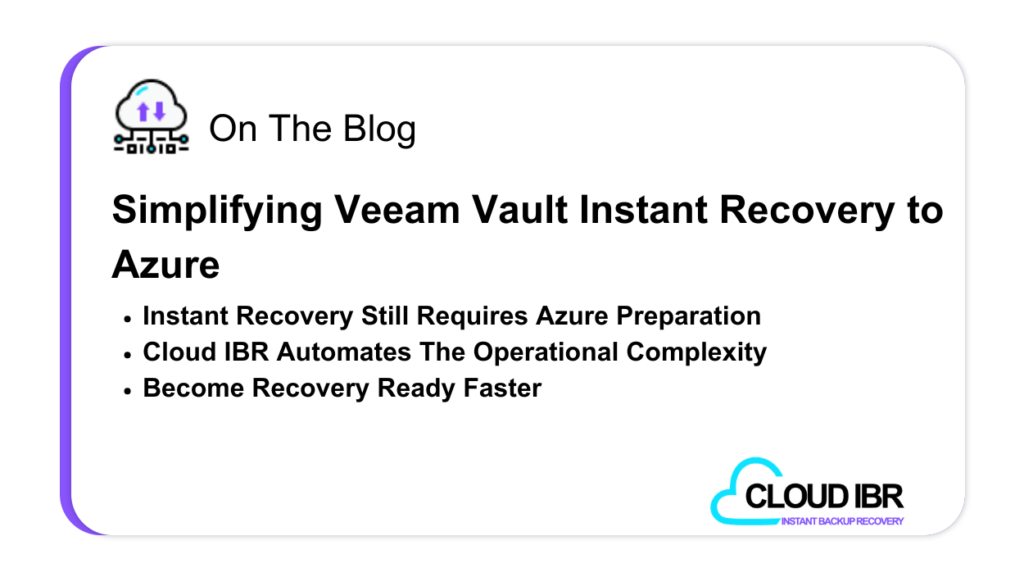 Promotional blog graphic titled “Simplifying Veeam Vault Instant Recovery to Azure” highlighting three key points: instant recovery is not the same as operational recovery, Azure introduces hidden complexity such as networking, access, and quota constraints, and Cloud IBR enables faster operational recovery. Includes Cloud IBR branding.